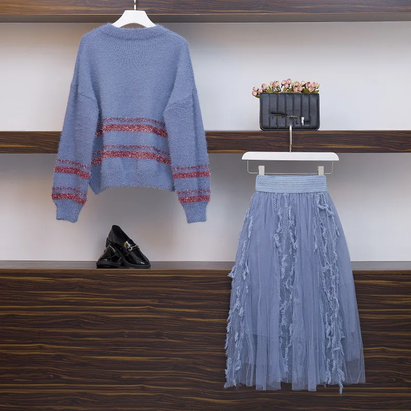 HAMALIEL/женский свитер и пуловер, комплект из 2 предметов, Осенний вязаный свитер с кисточками из мохера, Свободные Теплые Топы+ юбка в сеточку с перьями