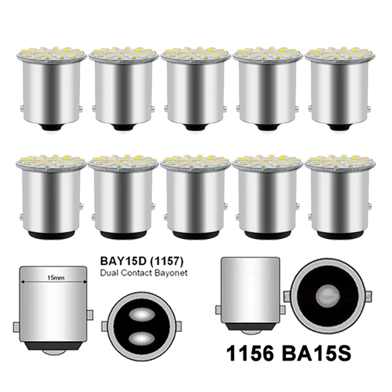 10 шт. Ba15s 11156 Светодиодная лампа Bay15d 1157 указатели поворота 12 В 22 SMD 7500K Белый