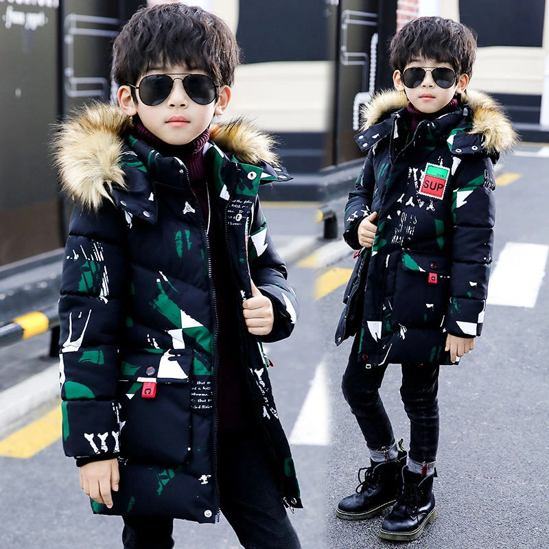 Зимние куртки для мальчиков-подростков детские пуховики От 5 до 10 лет Детские пальто с капюшоном Детский пуховик зимняя верхняя одежда с меховым воротником - Цвет: Зеленый