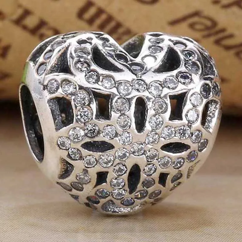 

New 925 Sterling Silver Charm Openwork Romantic Heraldic Heart With Crystal Bead Fit Original Bracelet Necklace DIY Jewelry