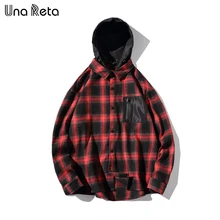UnaReta хип-хоп Мужская рубашка Фирменная Новинка весна осень хлопок длинный рукав Свободный Плюс Размер Повседневная клетчатая рубашка с капюшоном Мужская Уличная