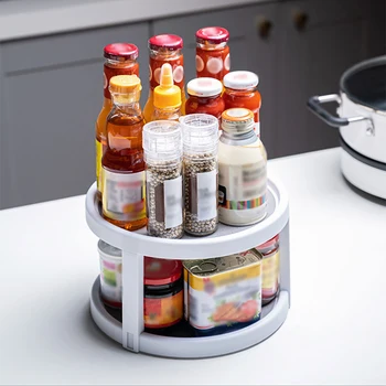 

Kitchen Turntable Spice Organizer 2-Tier Non-Skid Seasoning Rack Cabinet Storage Bin for Pantry Refrigerator Drinks Bathroom
