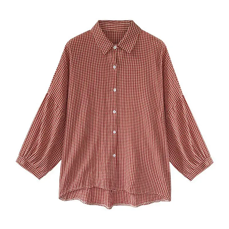 

Autumn Tops Women Blouses Large Size Loose Leisure Lantern Sleeve Plaid Shirts Female Long-sleeved Shirt Tops