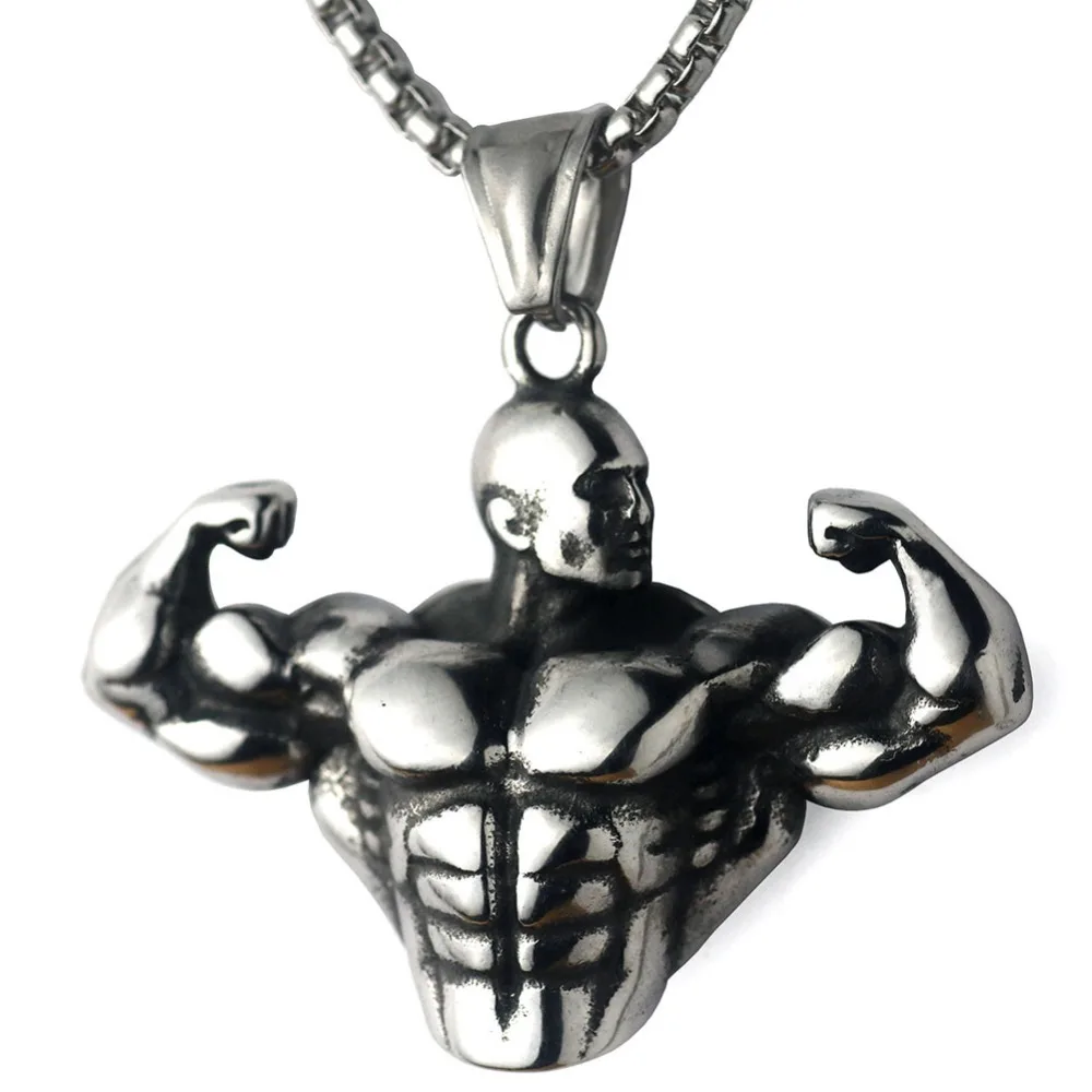 

Workout Strong Man Pendant Necklace Stainless Steel Chain Necklaces Fitness Bodybuilding Men Sports Hip Hop Jewelry