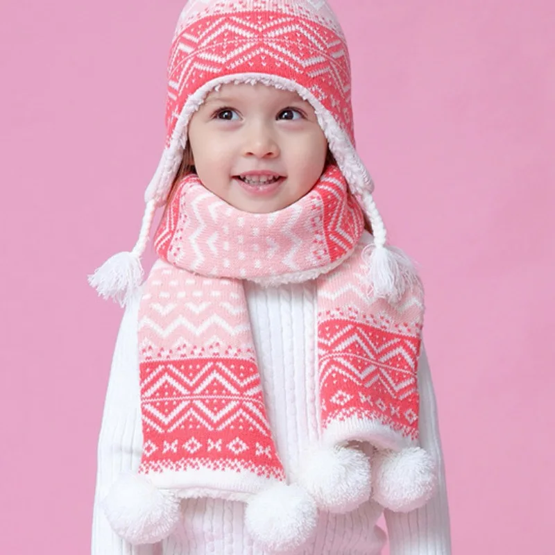 0-8 years Winter Warm Kids Girls Knitting Glove Outdoor Fleece Lining Mittens With Neck String