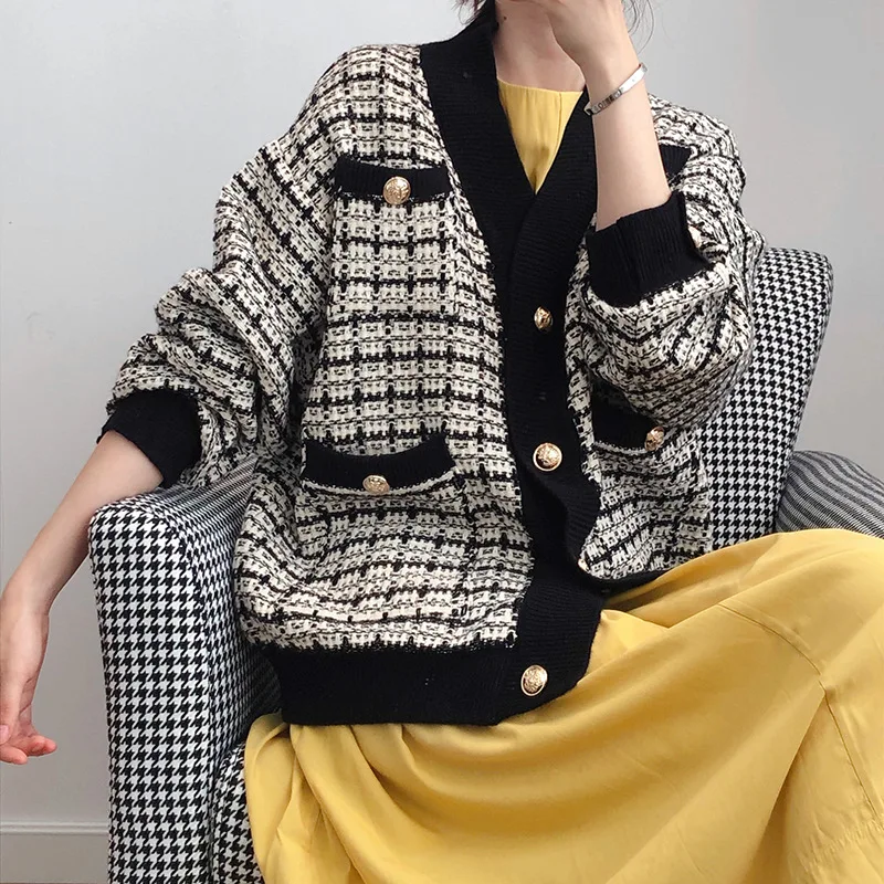 

Small Breeze Jacket Autumn Women's Loose Spring And Autumn Plaid Knitted Cardigan