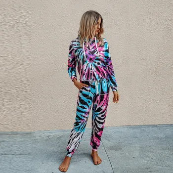 

2020 Spring Autumn Women's Sets 2 Piece Loose Comfortable Simple Tie-Dye Suits Long Sleeve Sweatpants Sets женские штаны
