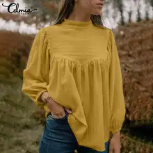 

Celmia Party Stitching Cotton Shirts Fashion Women Blouse 2022 Casual Half High Collar Tops Leisure Long Puff Sleeve Solid Tunic