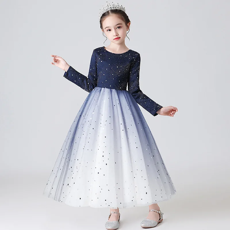 Детское Пышное танцевальное платье со звездами с длинными рукавами на день рождения; Новинка г.; детское вечернее платье принцессы для крестин; праздничные платья