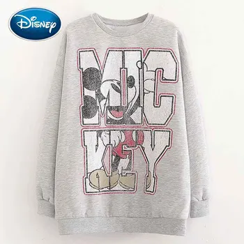 

Disney Fashion Cute Mickey Mouse Letter Cartoon Print Fleece Women T-Shirt O-Neck Pullover Long Sleeve Casual Loose Gray Tee Top