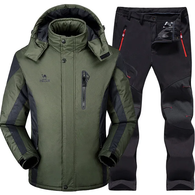 Army green Лыжный костюм, мужские лыжные и сноубордические комплекты, супер теплые водонепроницаемые ветрозащитные флисовые куртки для сноуборда+ штаны, зимние костюмы для мужчин - Цвет: Army green