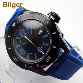

Bliger 43mm Miyota 8215 automatic men's watch black sterial dial date luminous bezel PVD case rubber strap