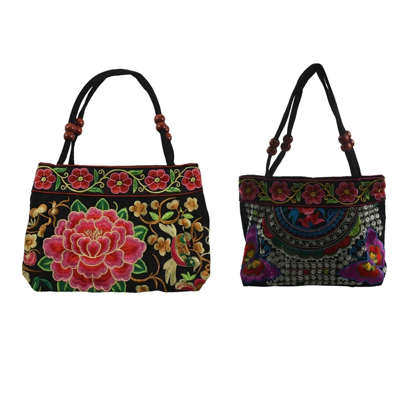 

AUAU-2 Pcs Chinese Style Women Handbag Embroidery Ethnic Summer Fashion Handmade Flowers Ladies Tote Shoulder Bags Cross-Body, R