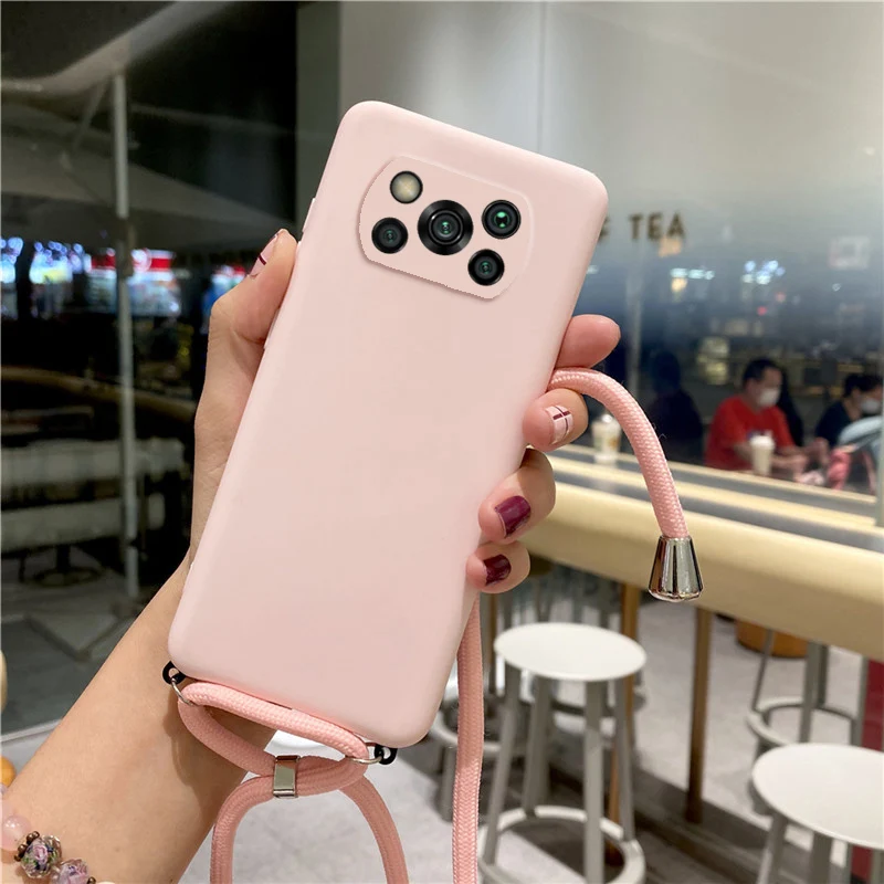 Candy Color Strap Lanyard Case On For Xiaomi Mi Poco X3 Nfc X2 F2 M2 Pro Pocophone F1 Silicone Soft Tpu Back Cover