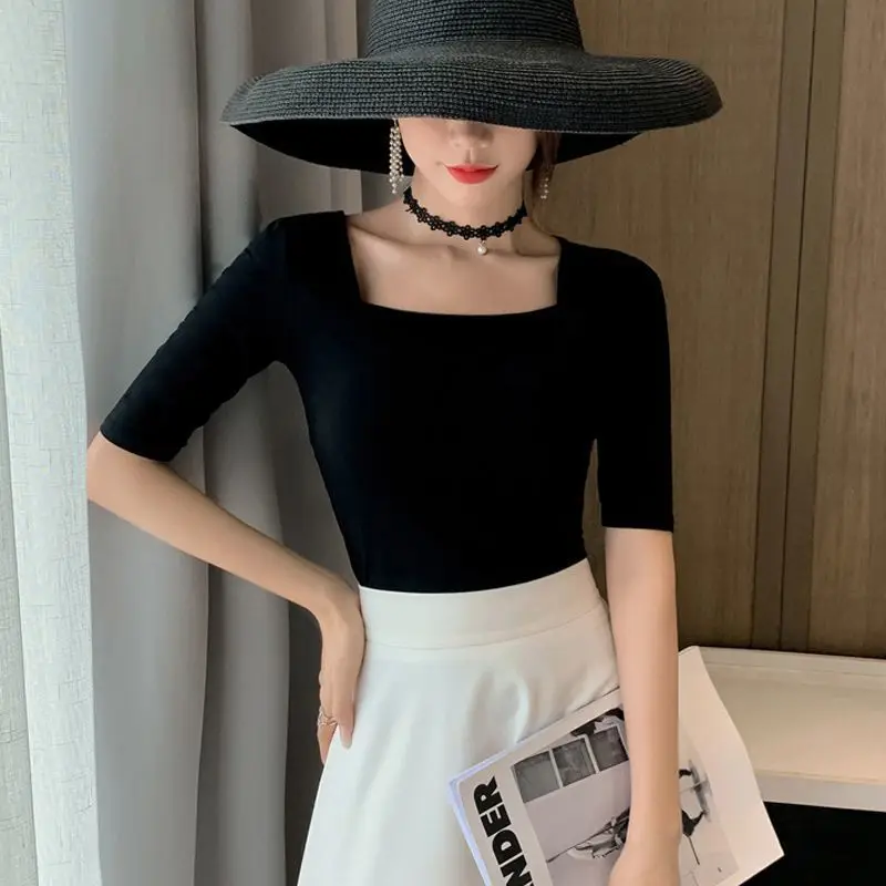 Women\'s Black Elegant Square Neck Short Sleeve T Shirt 2021 Summer Vintage Solid Color Tees Casual Streetwear Tshirt Tops