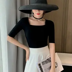 Women's Black Elegant Square Neck Short Sleeve T Shirt 2021 Summer Vintage Solid Color Tees Casual Streetwear Tshirt Tops