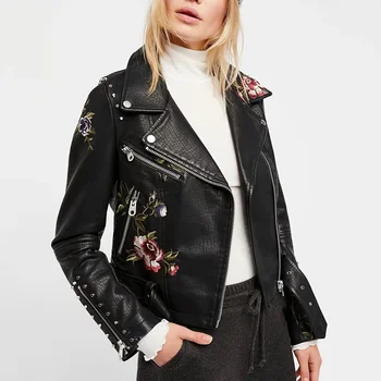 

Embroidery Faux Leather PU Jacket Women Spring Autumn Fashion Motorcycle Rivet Jacket Black Faux Leather Coats Outerwear 2020