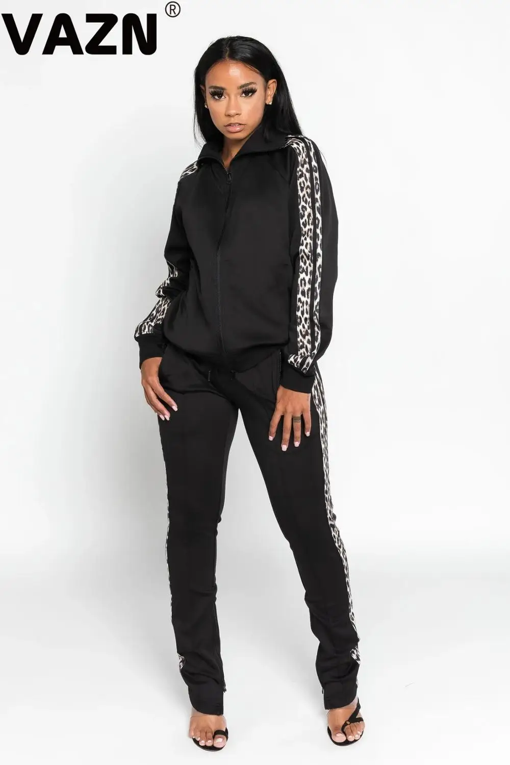 VAZN SHH8071 высококачественный обычный Костюм Повседневный модный длинный рукав брюки тонкие спортивные костюмы женский комплект из 2 предметов - Цвет: Черный