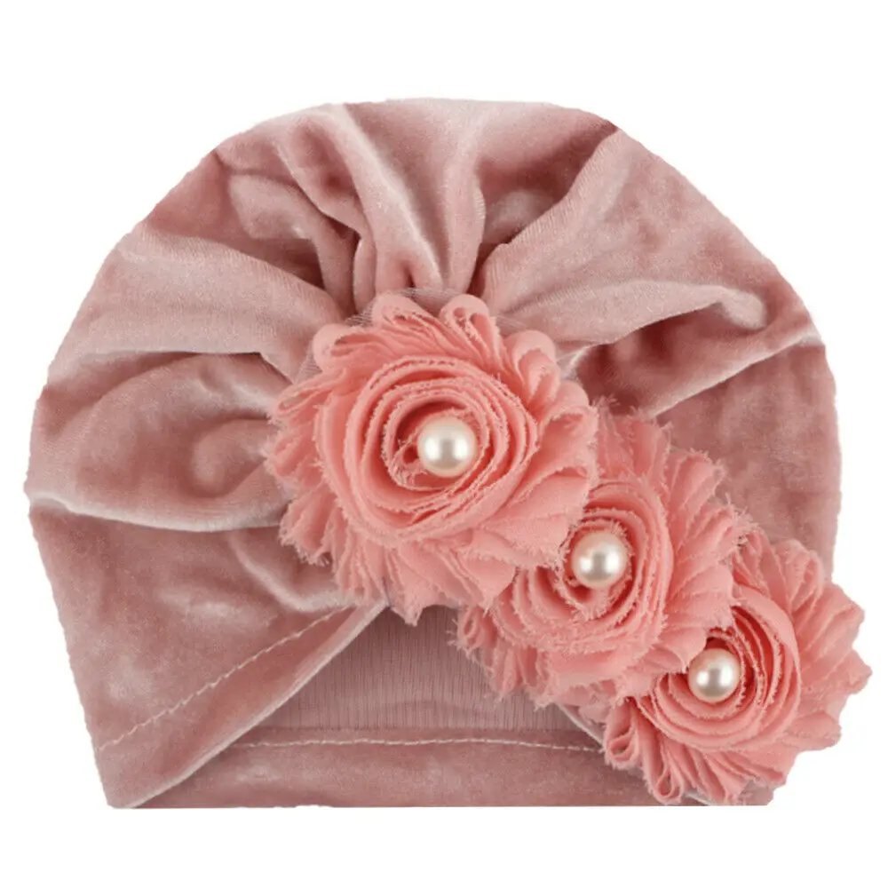 Комплект для новорожденных детей, детские шляпы для мальчиков и девочек из плотной ткани для девочек, с кружевными цветочками тюрбан скрученный узел бархат шапка Кепки - Цвет: Light Pink