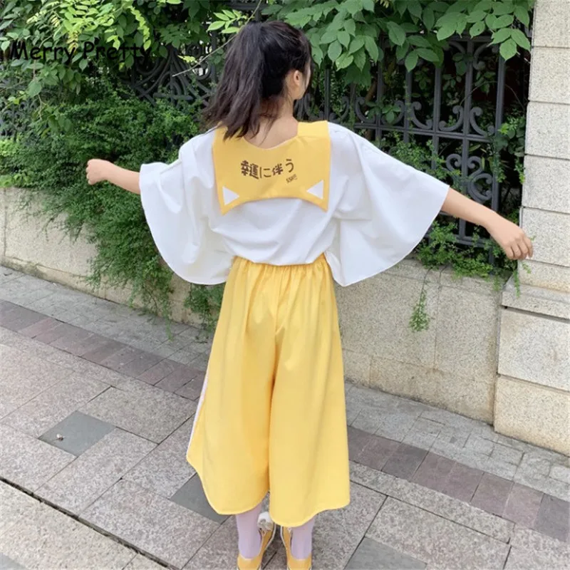 Merry Pretty harajuku милая белая футболка с матросским воротником желтые широкие брюки
