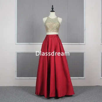 

Beading Whole Top Evening Dress 2020 Sleeveless Two Pieces Prom Party Gown A-line New Design Arrival With Pockets Satin Crystals