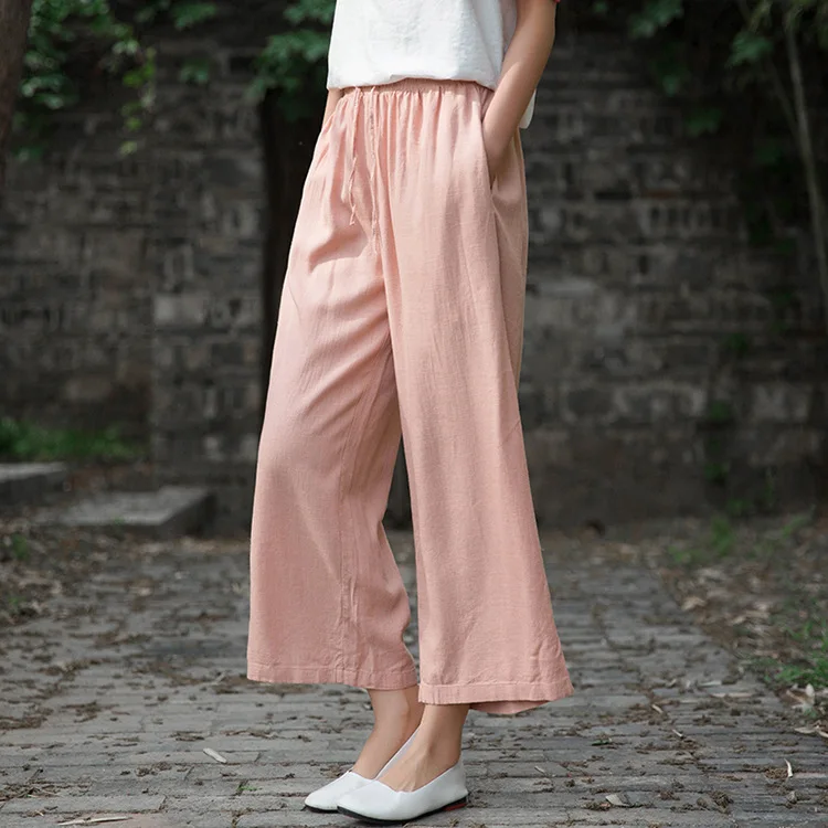 Johnature 2020 Autumn Women New Retro Elastic Waist Cotton Linen Lace Up Wide Leg Pants Loose Casual All-match Ankle-length Pant