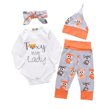 

DishyKooker Kids Children Lovely Dot Fox Cartoon Letter Printing Romper+Pants+Headband+Hat Four Piece Suit Outfit