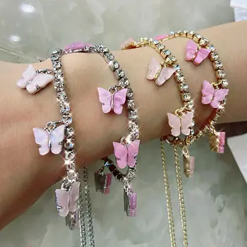

Cender Boho Style Rhinestone Tennis Bracelet For Women Acrylic Butterfly Pendant Bracelets Female Beach Hand Jewelry Wholesale