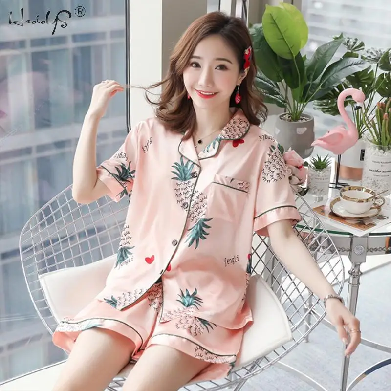 Pink Женский весенний пижамный комплект с коротким рукавом размера плюс 3XL 4XL 5XL, пижамные комплекты, шелковая атласная пижама, одежда для сна, пижама, домашняя одежда - Цвет: Pink