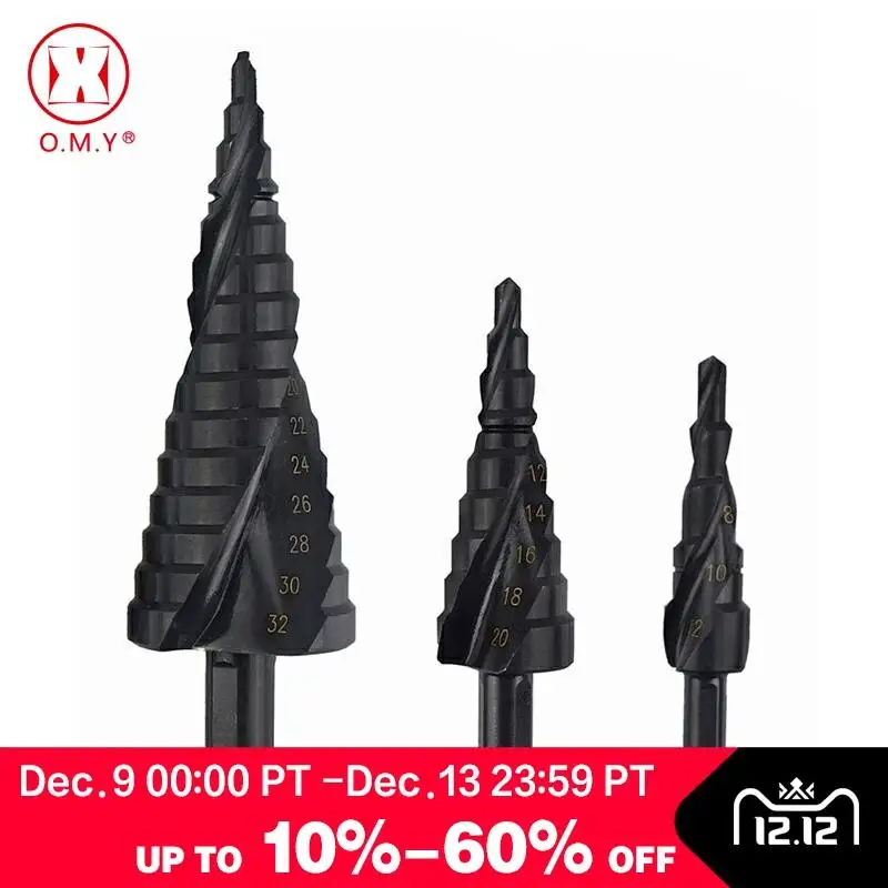 

3 PCS HSS Titanium Nitride Coated Cone Spiral Step Drill Bit Set Metal Hole Cutter Power Tools kit, Metric 4-12/20/32mm