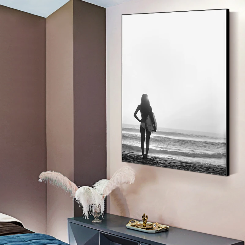 Скандинавский океан пейзажные волны Холст плакат природа скандинавские стены Искусство Черный Белый Серфинг девушка картина Картина домашний декор