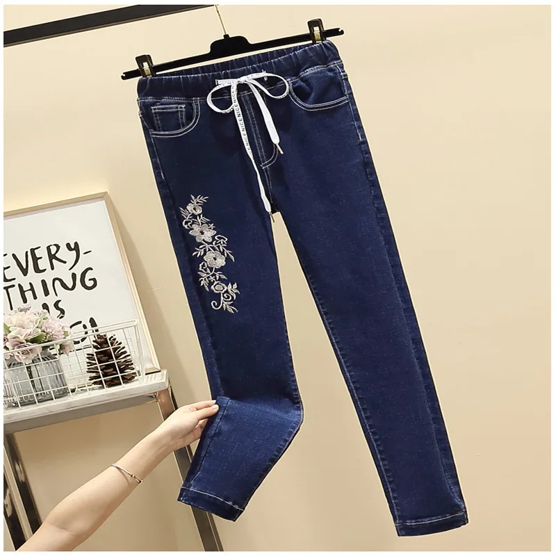 Большие размеры женские прямые джинсы винтажные джинсы с высокой талией длинные брюки ковбойские брюки с вышивкой Большие размеры джинсы женские уличные