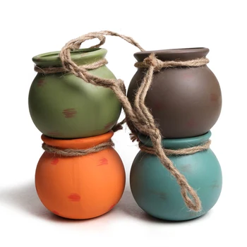 

4pcs Cactus Bonsai Planters Container Wall-mounted Ceramic Flower Pot Hanging Succulent Flower Pot Hemp Rope Home Decoration