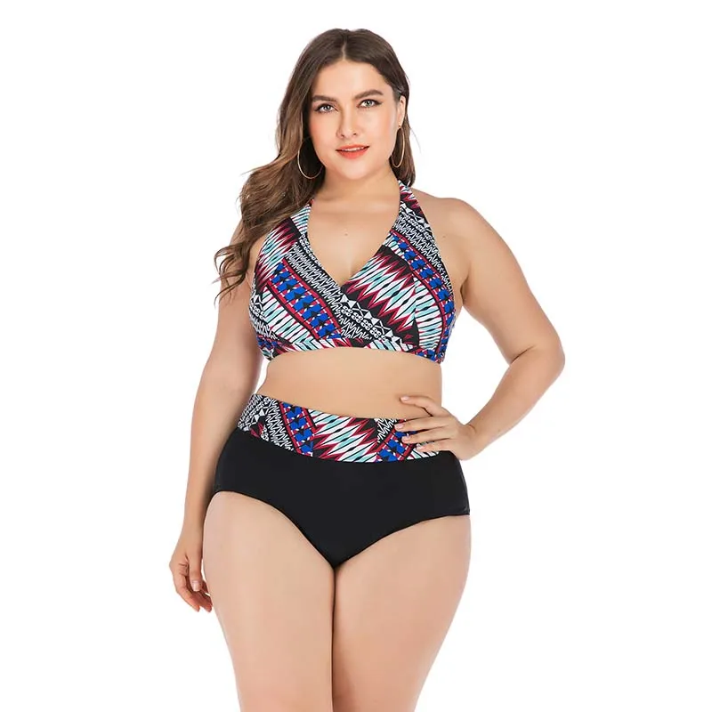 

Plus Size Bikinis Swimwear Women Two Pieces Swimsuits Halter Push Up Bathing Suit Beach Wear Big Female High Waist Bikini Set