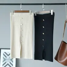 Женские осенне-зимние юбки с высокой талией и пуговицами, Женская длинная теплая трикотажная юбка для девочек