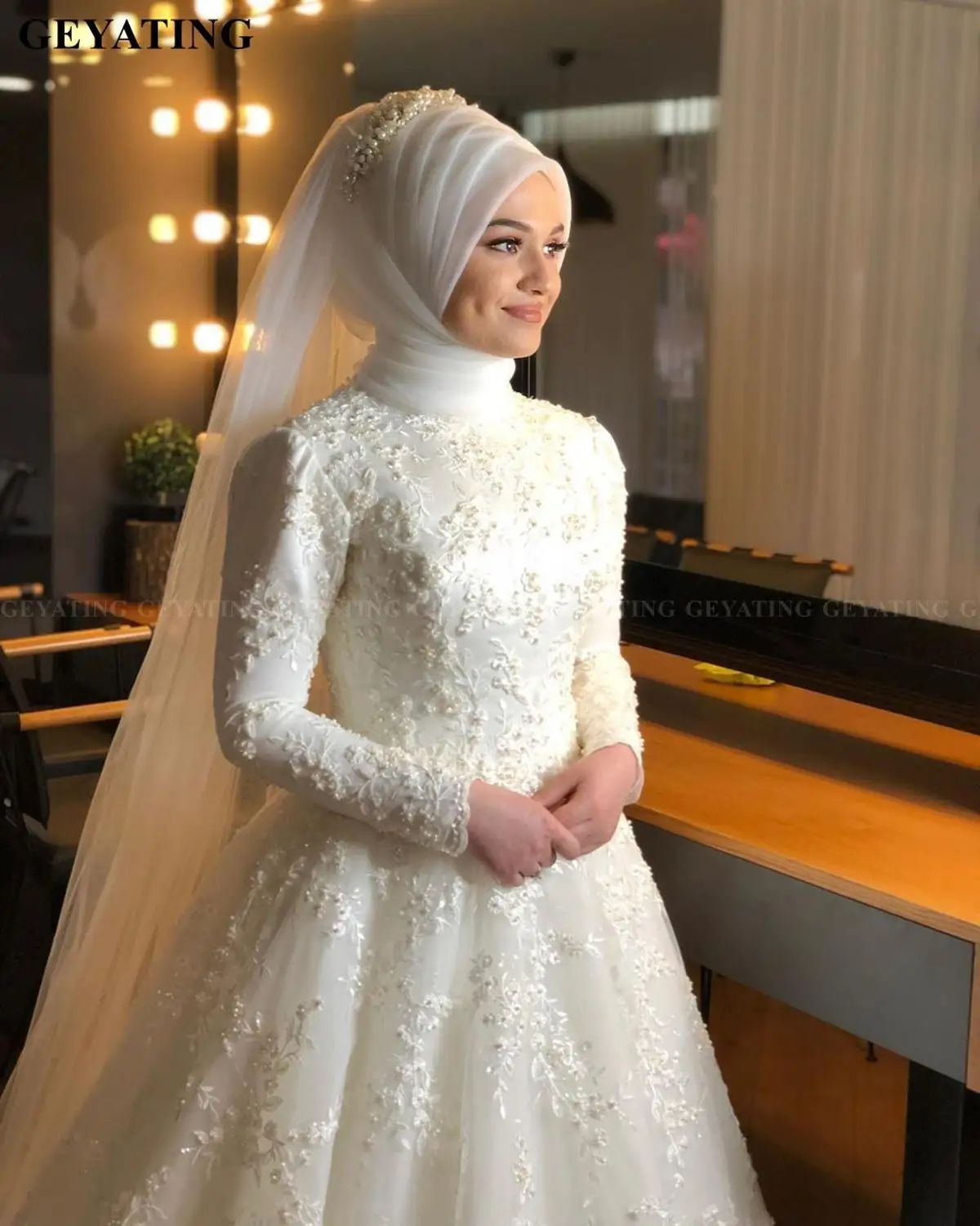 Элегантное белое исламское свадебное платье мусульманское с хиджабом с длинными рукавами с высоким воротом жемчугом кружева в арабском стиле свадебные платья в Дубае