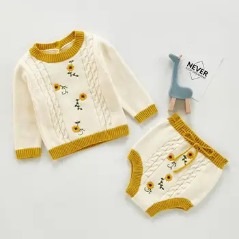 

Autumn Newborn Baby Girls Knit Sweater Cardigan+shorts Clothes Set Flower Embroidery Infant Baby Kids Girls Sweater Set