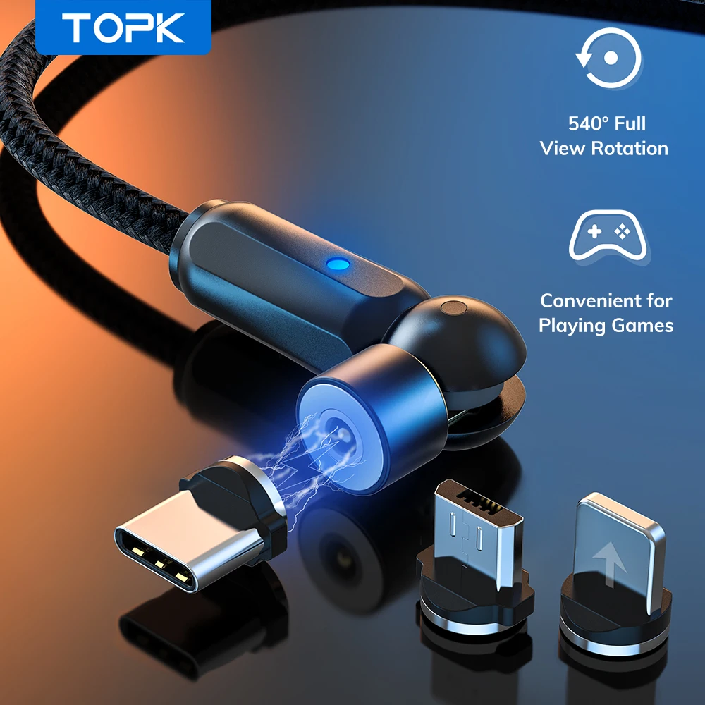 TOPK AM68 540 Rotate Magnetic USB Cable Micro USB Type C Cable Magnet Charger Charge USB-C Type-C Cable Mobile Phone Cable