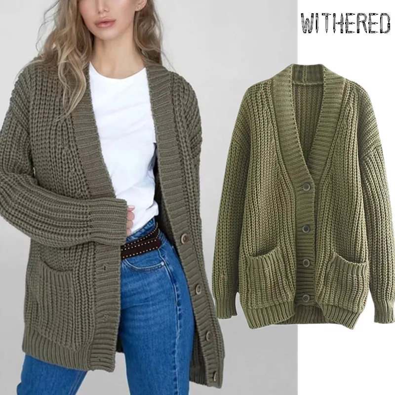 

Withered 2019 winter cardigans sweaters women england style vintage oversize loose drop-shoulder single breasted cardigans women