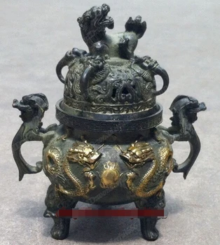 

++++ free shipping Chinese Folk Collection Bronze Copper Gilt Dragon Statues lucky Incense Burner