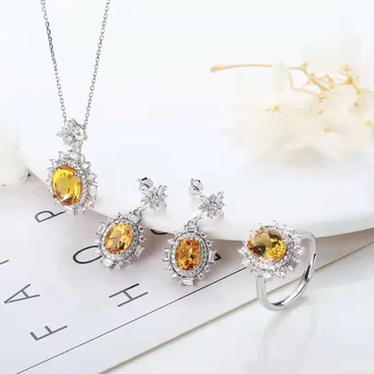 

Beautifully Multicolored Jewelry 925 Silver Inlaid Natural Yellow Crystal Earrings Pendant Necklace Adjustable Adjustable Ring S