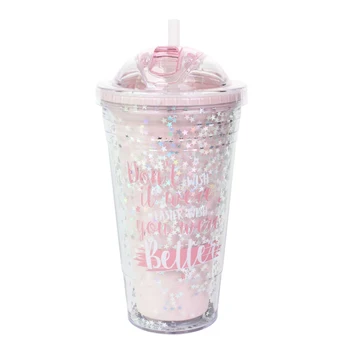 

Double-walled Insulated Cold Plastic Portable Hand-held Double Straw Cup Double Layer Student Water Cup Dropshipping FAS