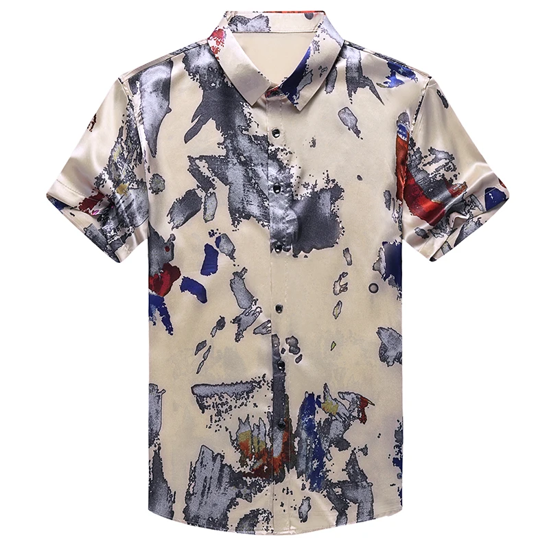 Men's Silk Streetwear Summer Patchwork Colors Shirt Short Sleeve Silk Clothes Fashion Printing Smooth Soft Dress Shirt