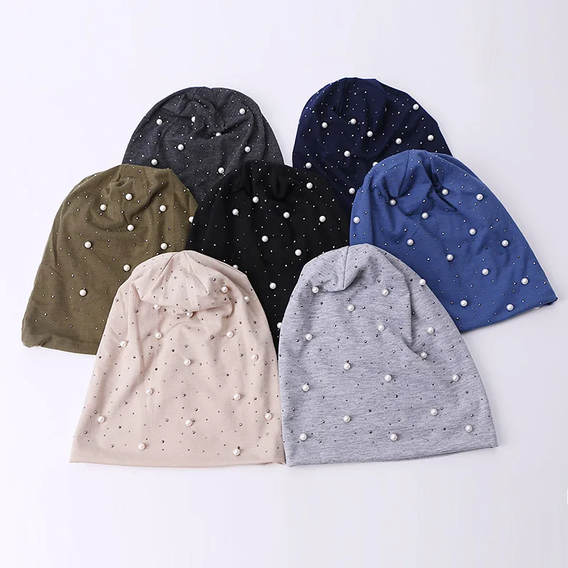 Women Pearl Beanie Hat Headgear Solid Color Pearl Cap Autumn Winter Hats For Female Bonnet Fashion Knitted Autumn Outdoor Beanie knitted hat winter hats