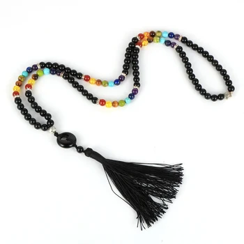 

Natural Stone 6mm 108 Male Beads Necklace Obsidian Tiger Eye Turquoises Pingan Peace Buckle Pendant Tassel 7 Chakras Jewelry