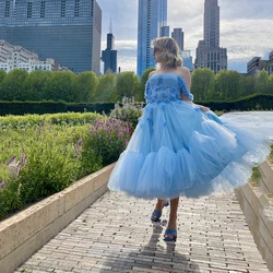 Sky Blue Sweet Princess Prom Dress Strapless Cap Sleeves 3D Flowers Tulle Ball Gown Tea Length Women Evening Homecoming Gowns