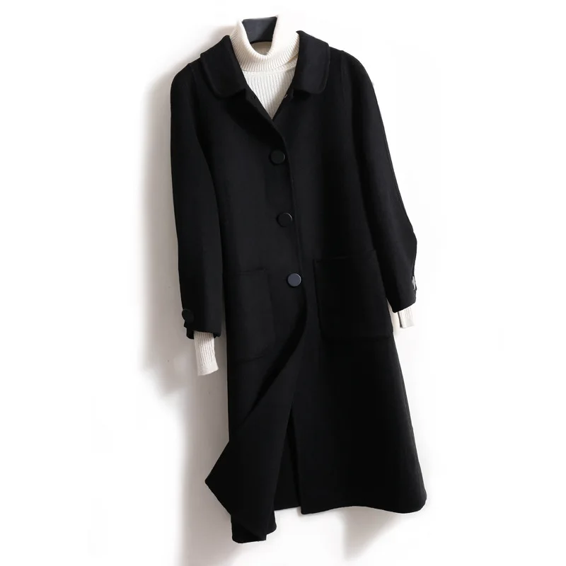 Ladies Woolen Overcoat Wool Blend Coat Winter Loose Women Windbreaker Long Jacket Classic Double Face Cute Hot Cashmere Red Coat - Цвет: black