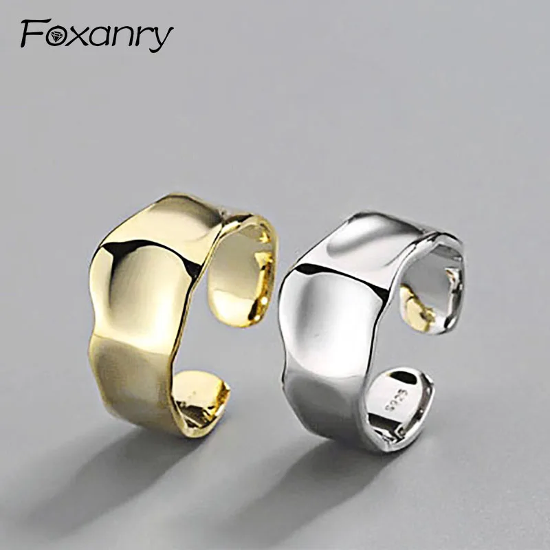 

Foxanry 925 Sterling Silver Terndy Wide Smooth Finger Ring for Women Couple Personality anillos Jewelry Size 16.5mm Adjustale