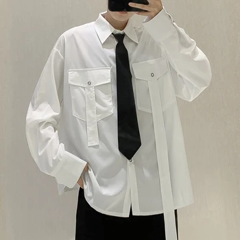 

Brand New Casual Solid Color Shirt Men Dress Plus Size Fashion Double Pocket Ribbon Mens Shirts Long Sleeved Camisas Para Hombre