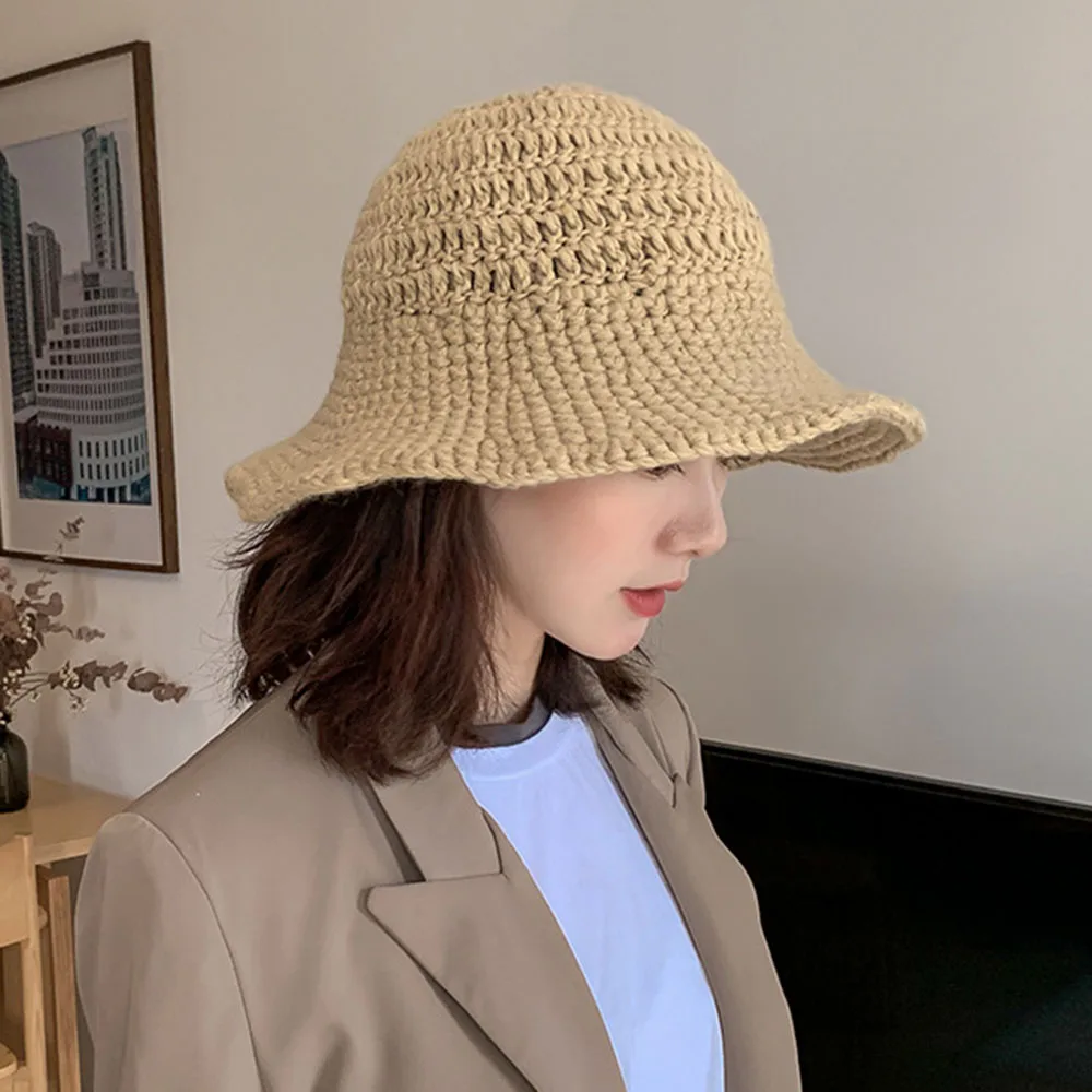 Women Fisherman Hat Hand-knitted Warm Knit Bucket Hats Autumn Japanese Flowers Hollow Out Chic Korean Fashion Outdoor Girl